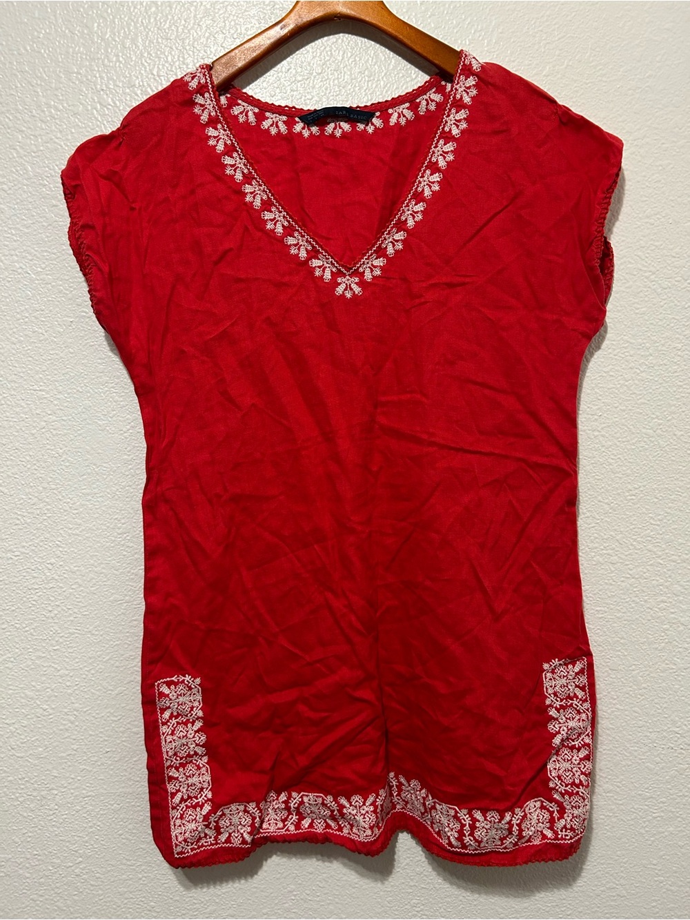 Zara Red V-Neck Embroidered dress Tunic